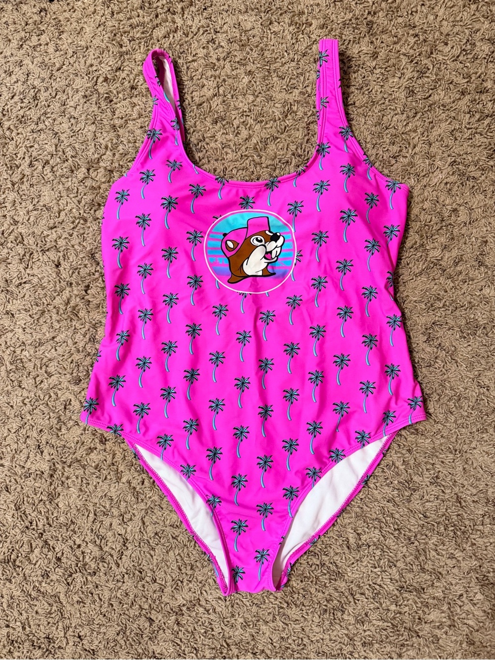 Bright pink Palm-Print One-Piece Swimsuit with Bucees Logo